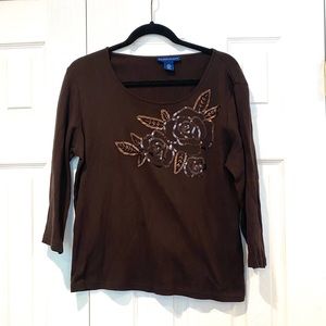 Karen Scott Brown Beaded Cotton Top XL